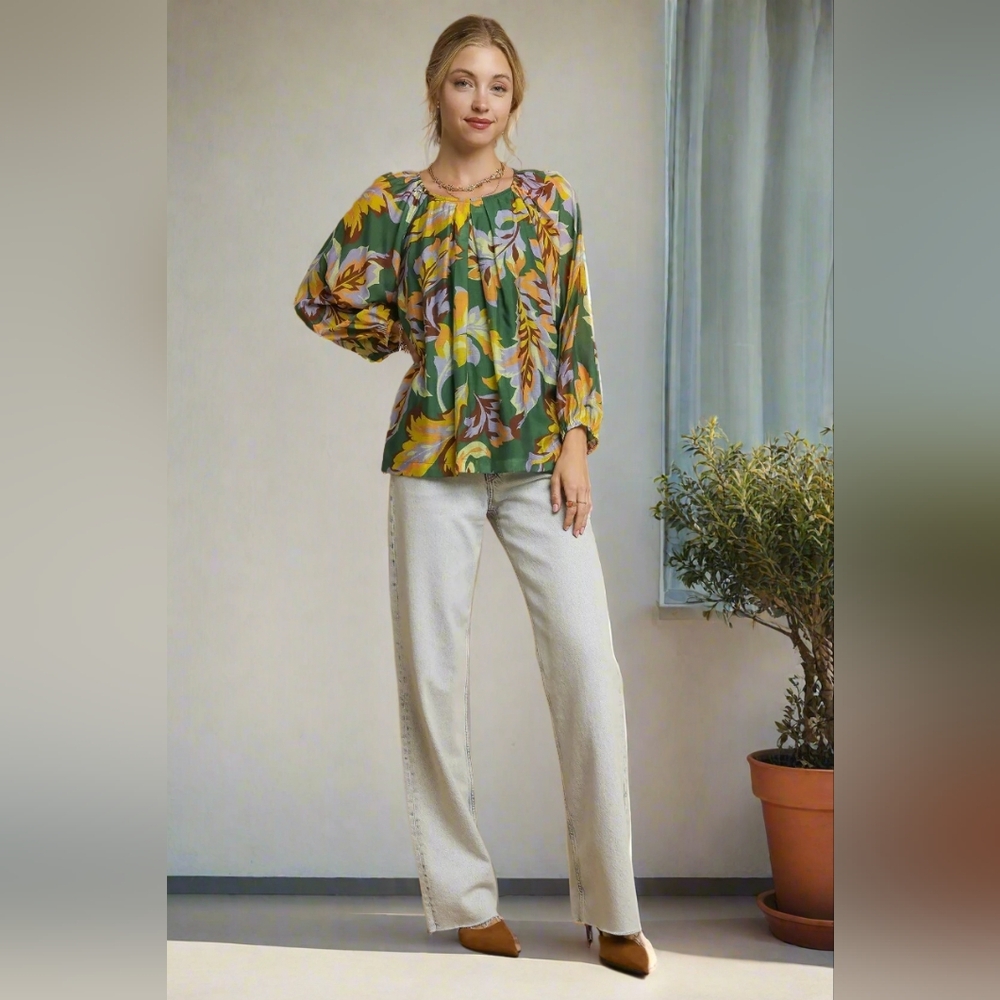 Umgee Retro Abstract Shirt Pleated 70s Round Neck Top Long Balloon Sleeve Blouse - Picture 3 of 16